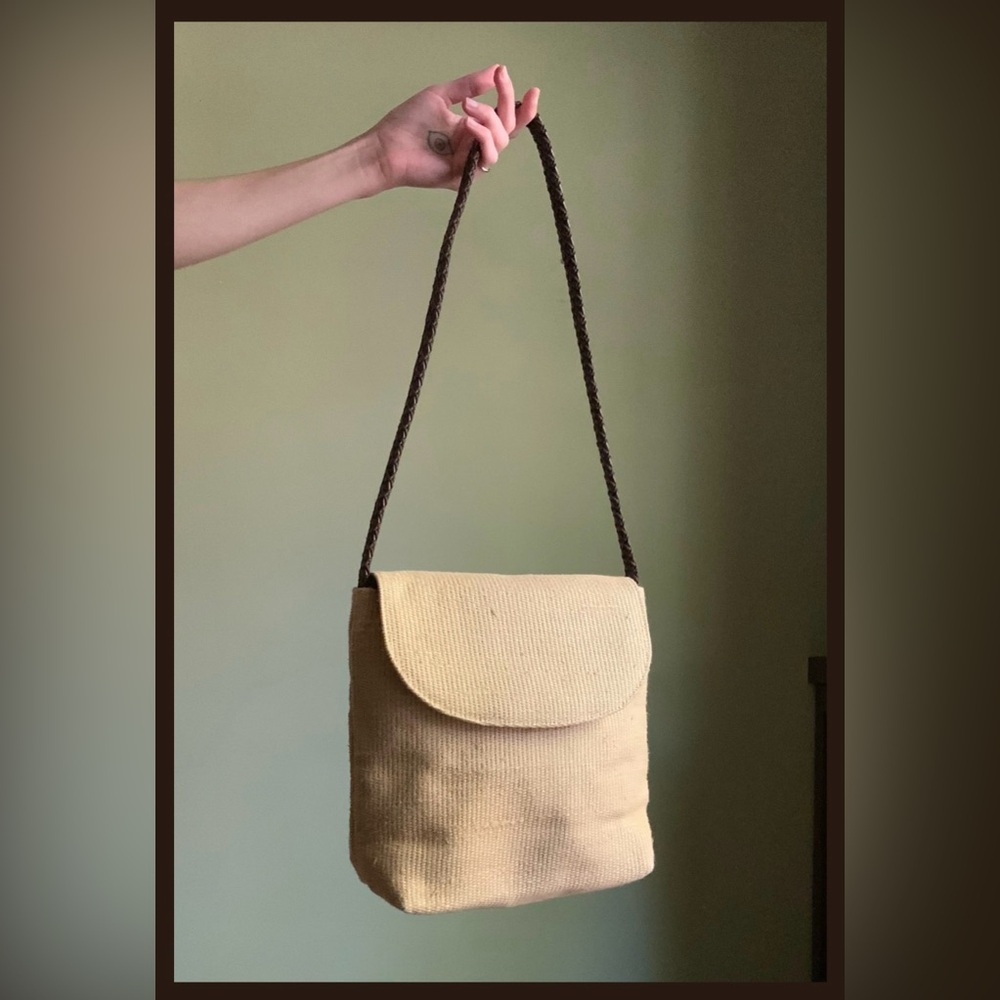 Vintage Raffia Style Shoulder Bag, Woven Bag with Braided Leather Strap